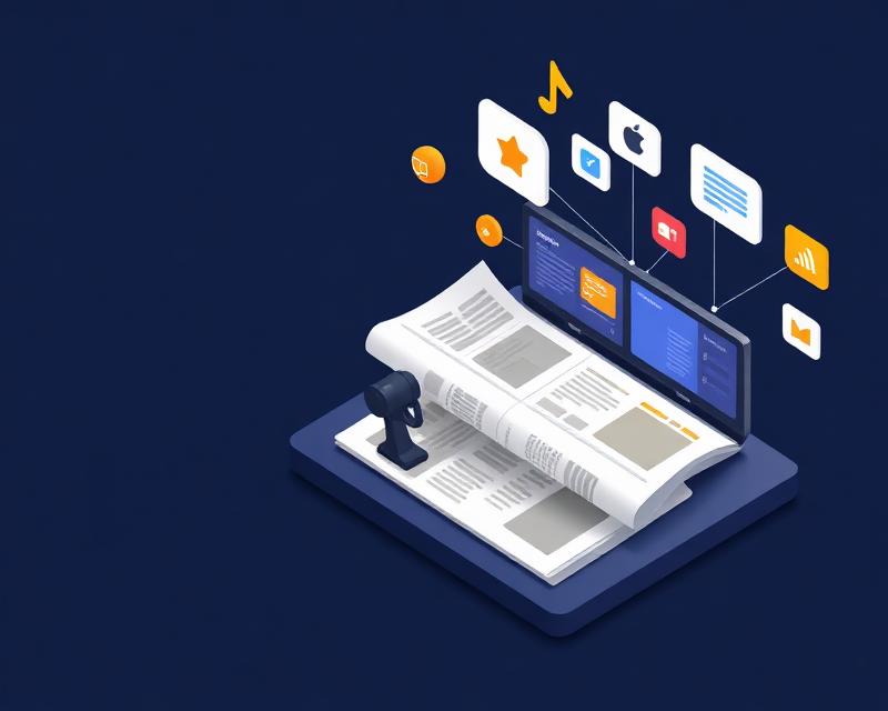 Ilustración de prensa digital mostrando artículo en periódico online, backlinks de alta autoridad y amplificación de marca