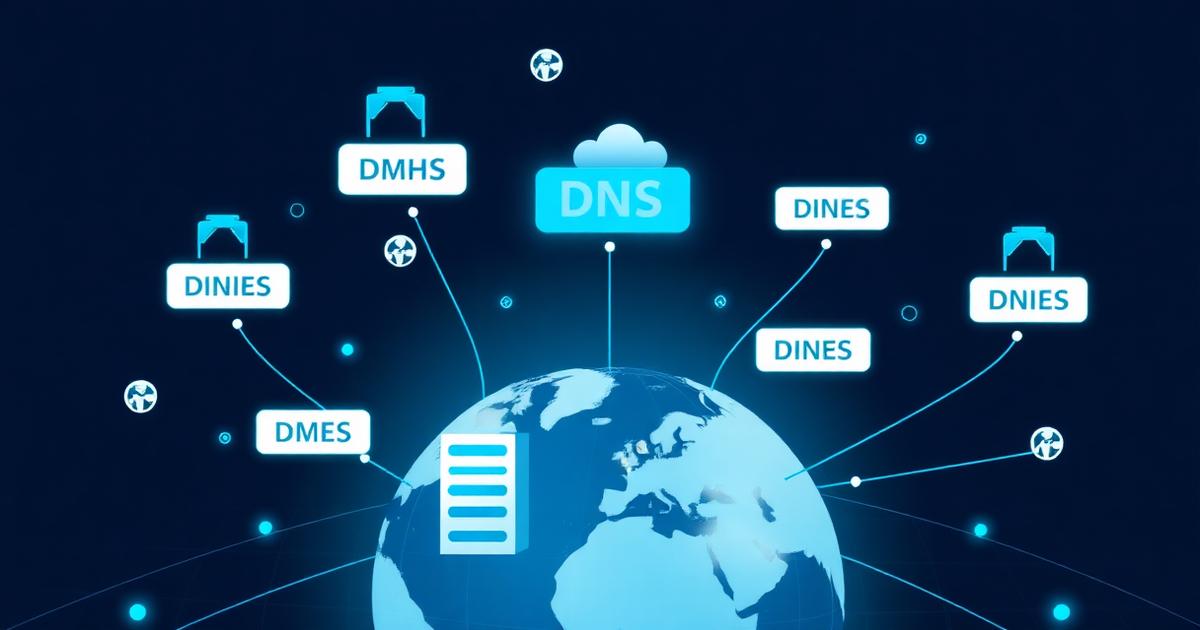 Sistema DNS con registros de dominio y servidores interconectados