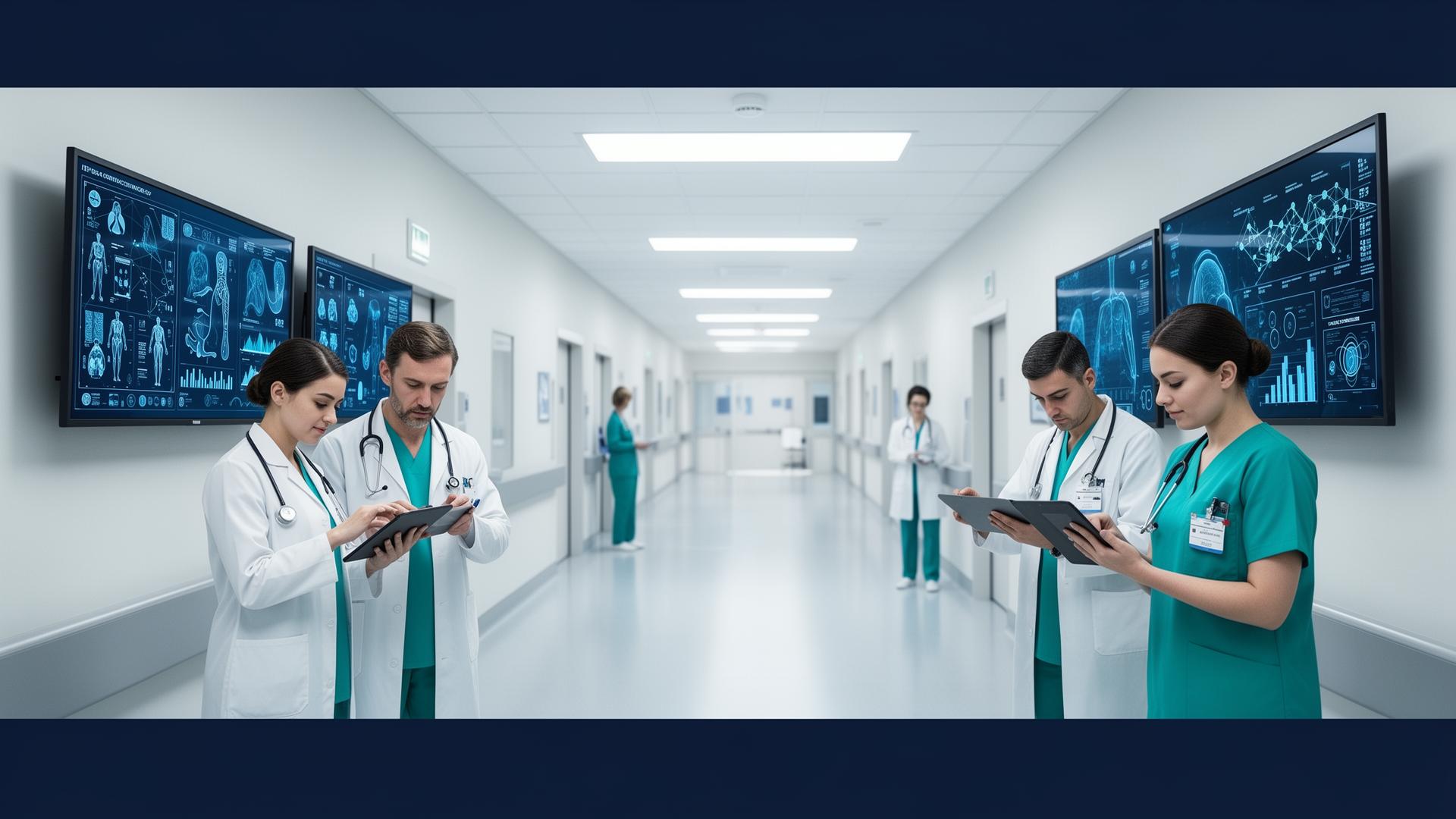 Banner de SEO para sector salud mostrando clínica médica posicionada en búsquedas de Google con pacientes y profesionales sanitarios