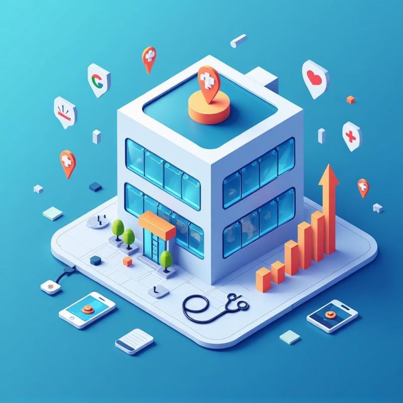 Ilustración de SEO sanitario mostrando clínica médica, estetoscopio y posicionamiento en Google para consultas de salud y medicina
