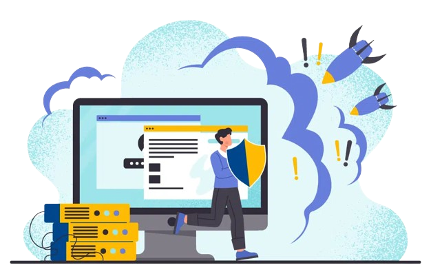 Ilustración de SiteLock mostrando escudo de protección web, escaneo de malware y firewall de aplicaciones (WAF)