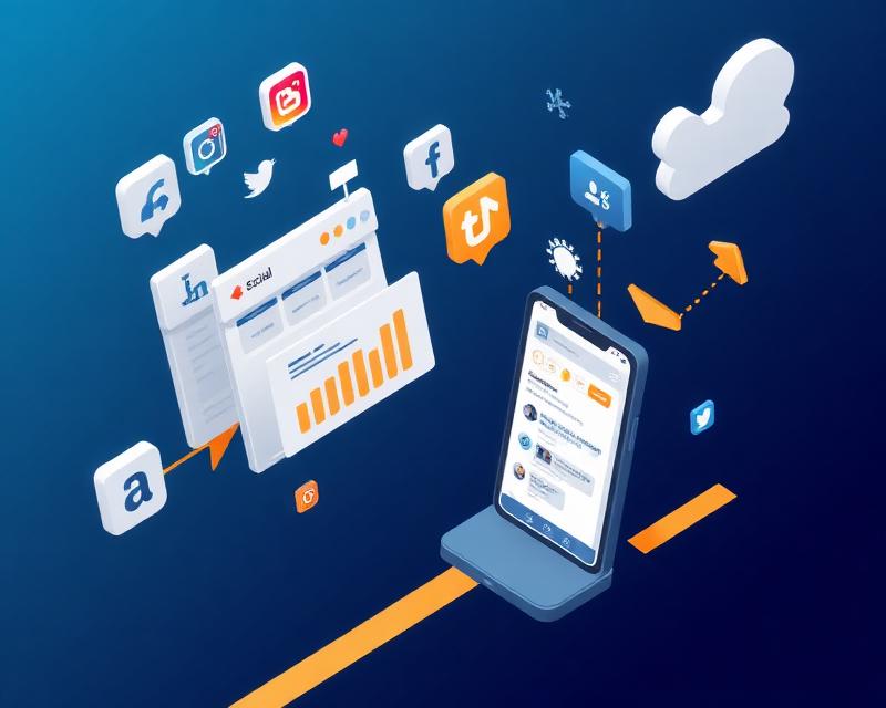Ilustración de estrategia de redes sociales mostrando iconos de Instagram, Facebook, LinkedIn y engagement de usuarios