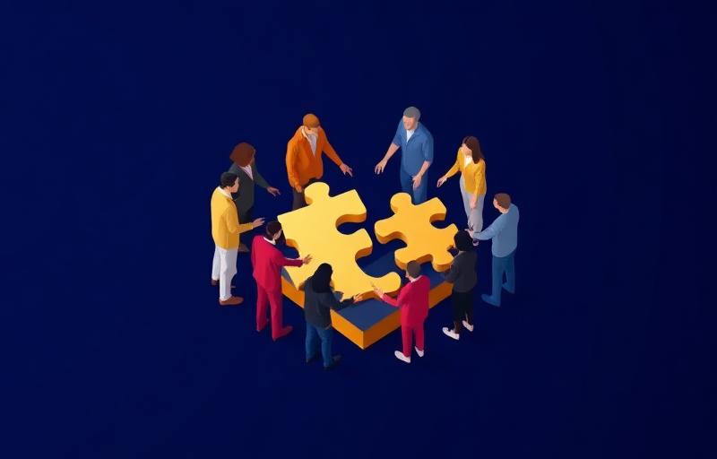 Ilustración del equipo de Aclass colaborando en proyectos tecnológicos, representando valores de trabajo en equipo, innovación y compromiso