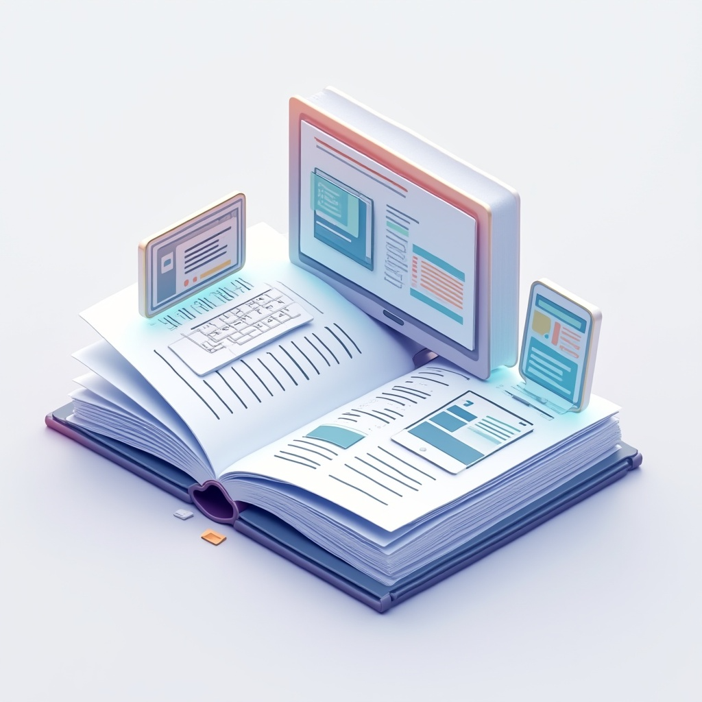 Libro abierto con dispositivos digitales.