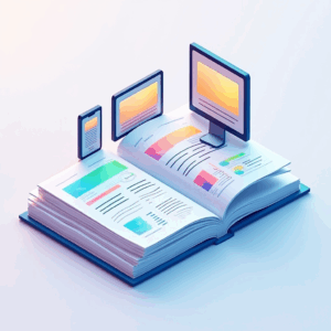 Libro abierto con dispositivos digitales.